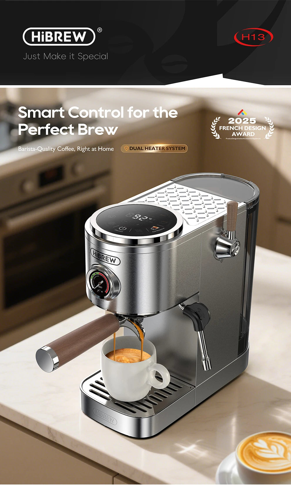 HiBREW Semi-automatic Espresso Coffee Machine 3 Level Temperature Adjustable Cold/Hot 20Bar Coffee Maker Cappuccino H13