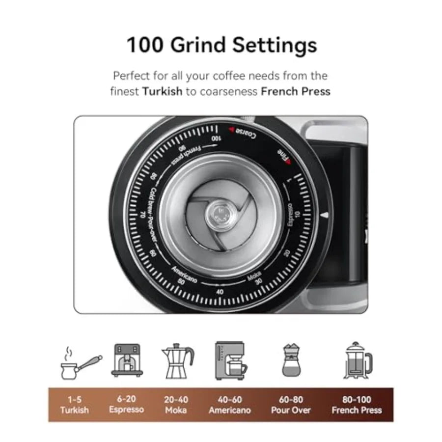 Professional 64mm Flat Burr Coffee Grinder with 100 Grind Settings All-Metal Stainless Steel Body Adjustable Electronic Timer A