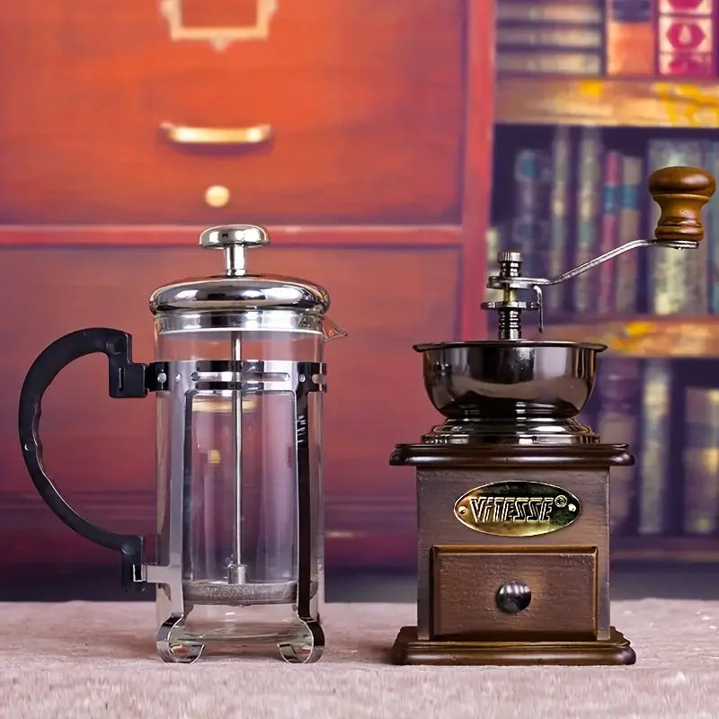 1set Moulin à café manuel vintage en bois avec piston pour la maison