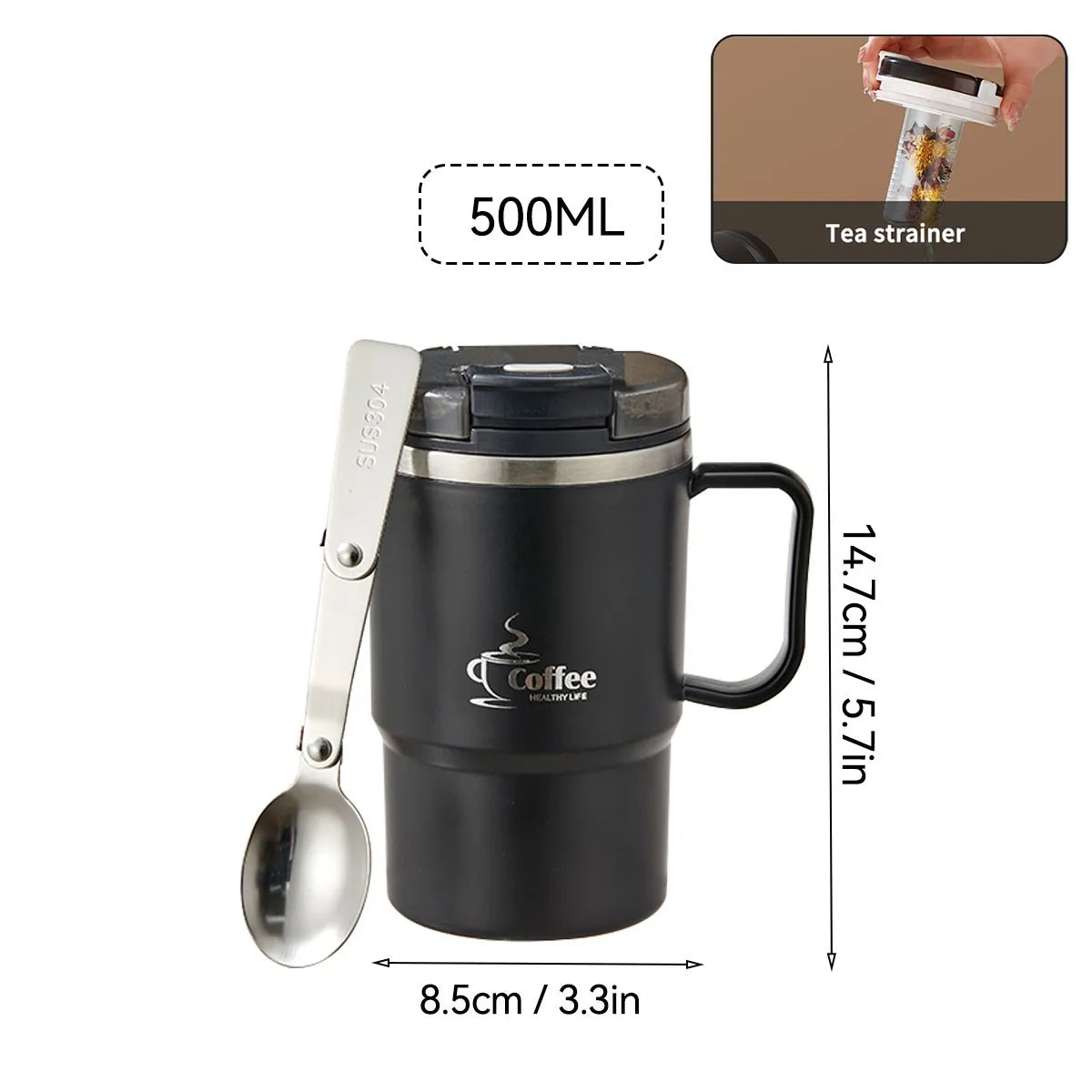 Mug Isotherme avec Cuillère Passoire Portable Grande Capacité Tasse à Café