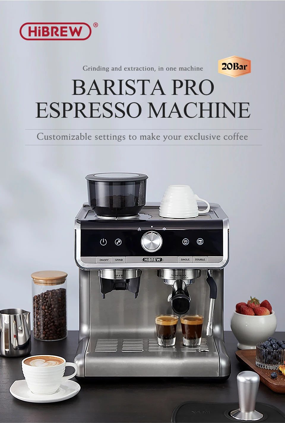 Machine à café HIBREW Barista Pro 20 bars, de la mouture à l'espresso