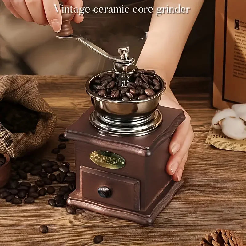 1set Moulin à café manuel vintage en bois avec piston pour la maison