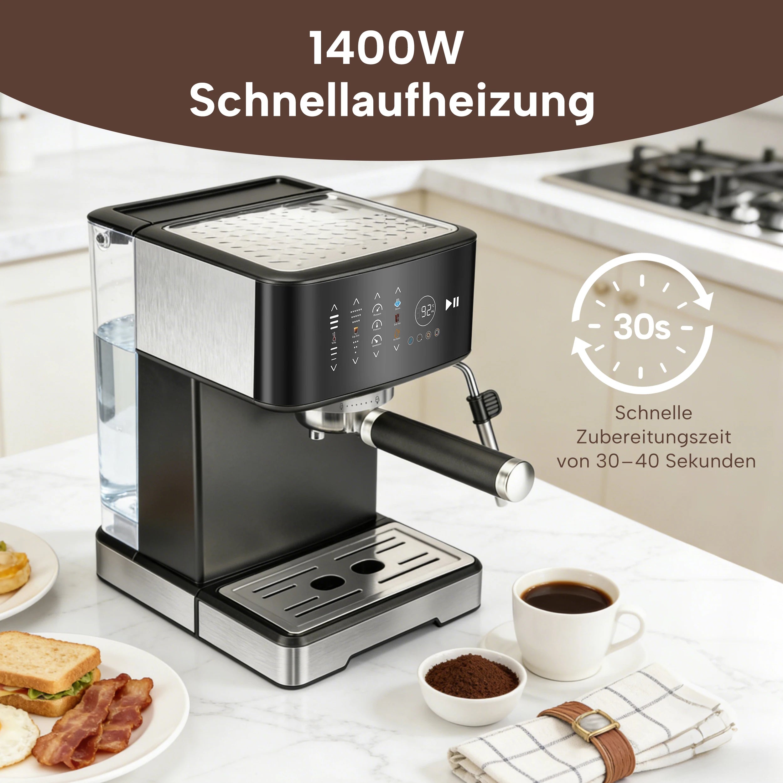 Machine à café expresso 20 bars 1400W avec mousseur à lait et écran tactile