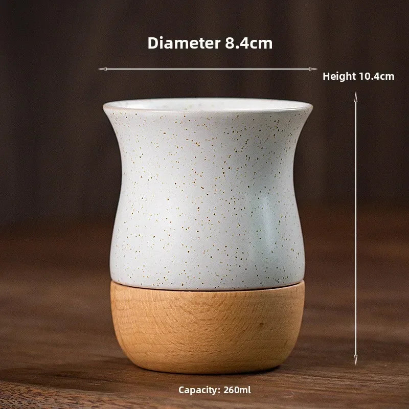 Mug à café vintage en grès avec soucoupe en bois - Céramique artisanale