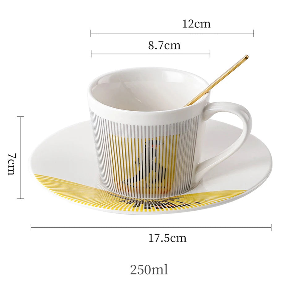 Ensemble tasse à café, soucoupe et plateau en céramique à reflet holographique mobile