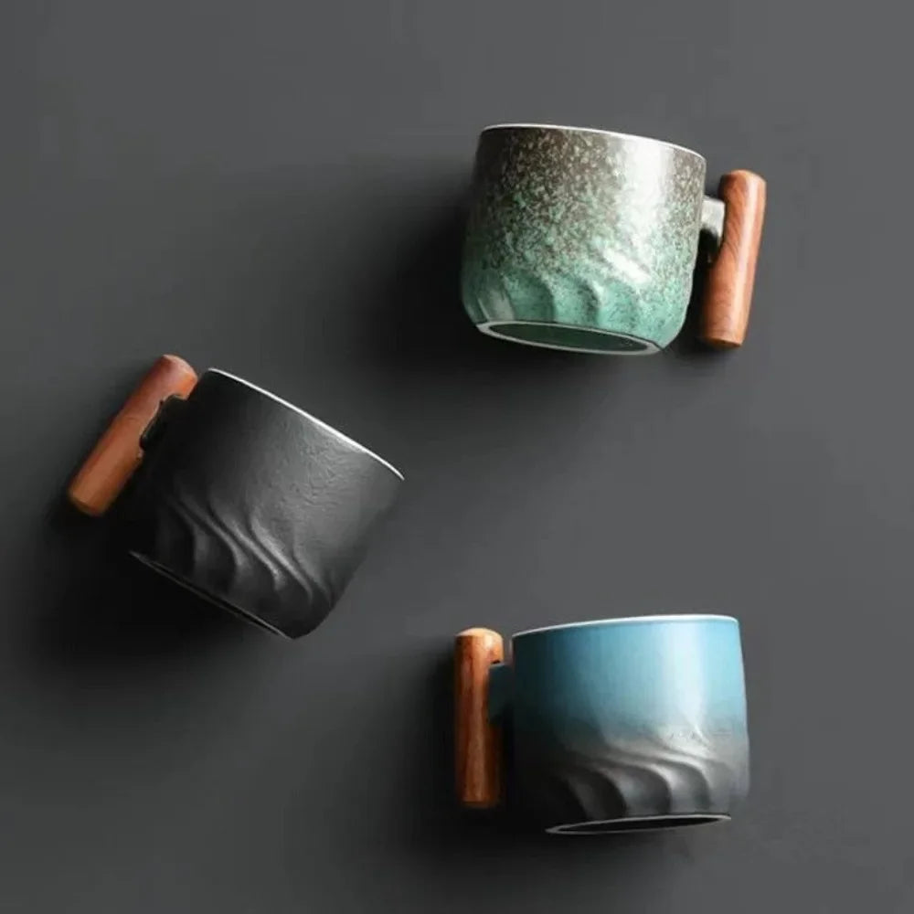 Tasse à café rétro en céramique avec filtre, poignée en bois, pour bureau