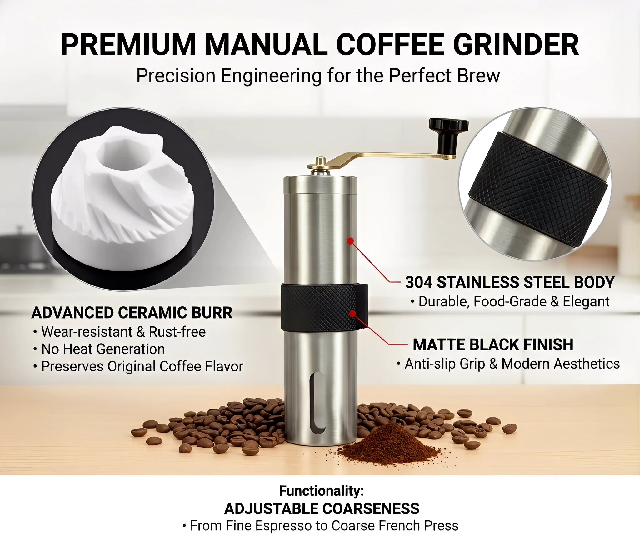 Moulin à Café Manuel Portable Premium, avec Boîtier et Céramique Premium