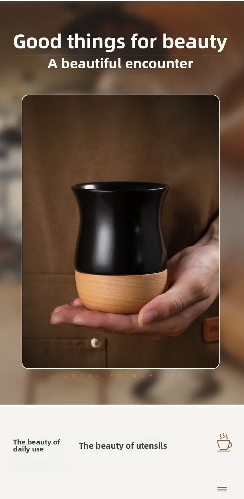 Mug à café vintage en grès avec soucoupe en bois - Céramique artisanale