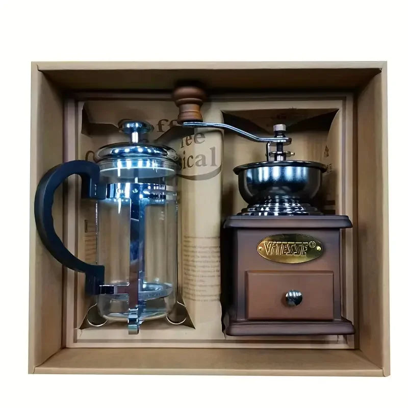 1set Moulin à café manuel vintage en bois avec piston pour la maison