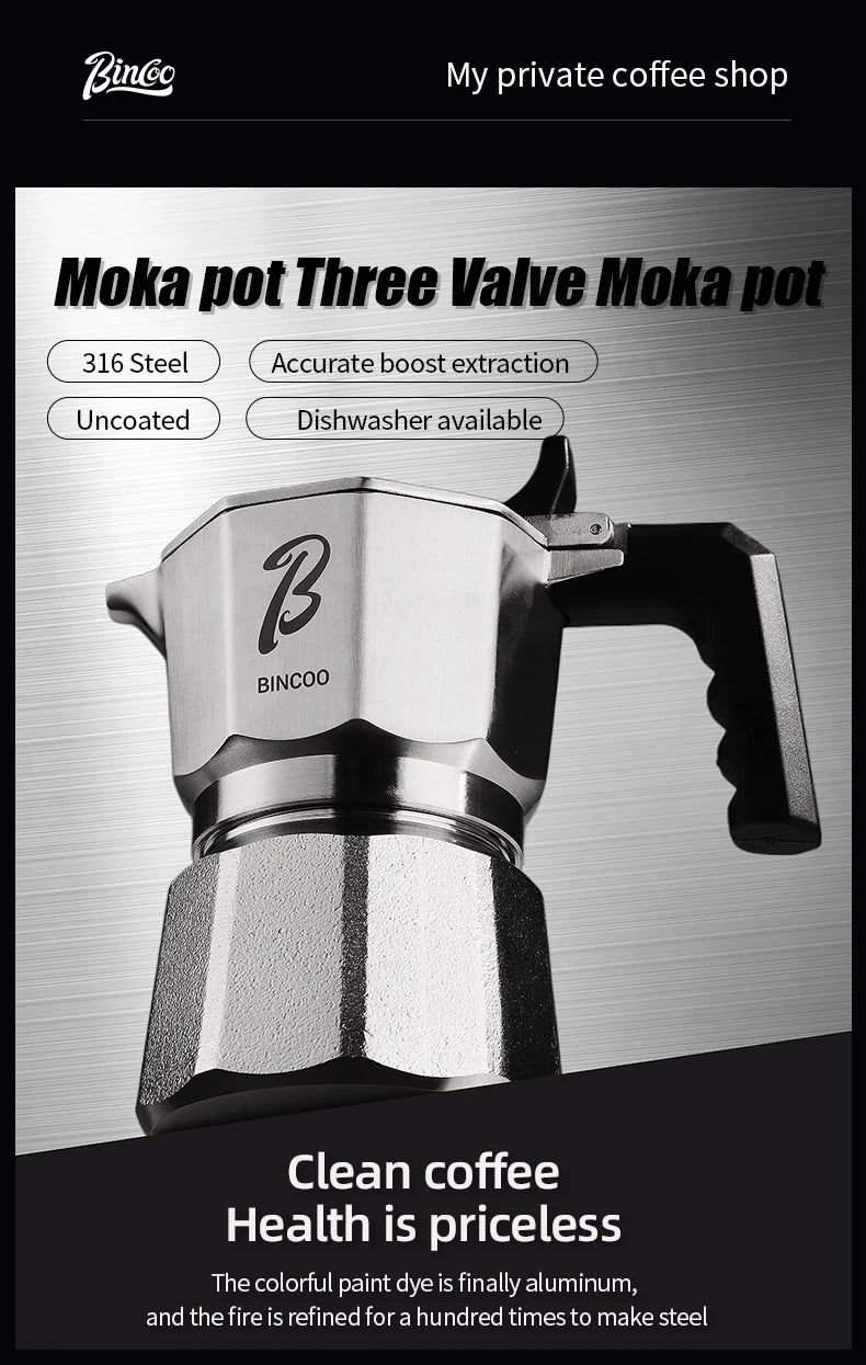 Bincoo Cafetière Mocha à Trois Valves en Acier Inoxydable 316, à Pression Concentrée