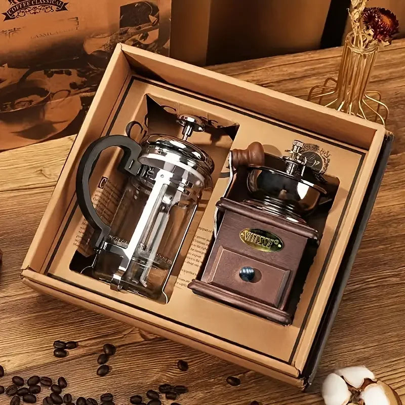 1set Moulin à café manuel vintage en bois avec piston pour la maison