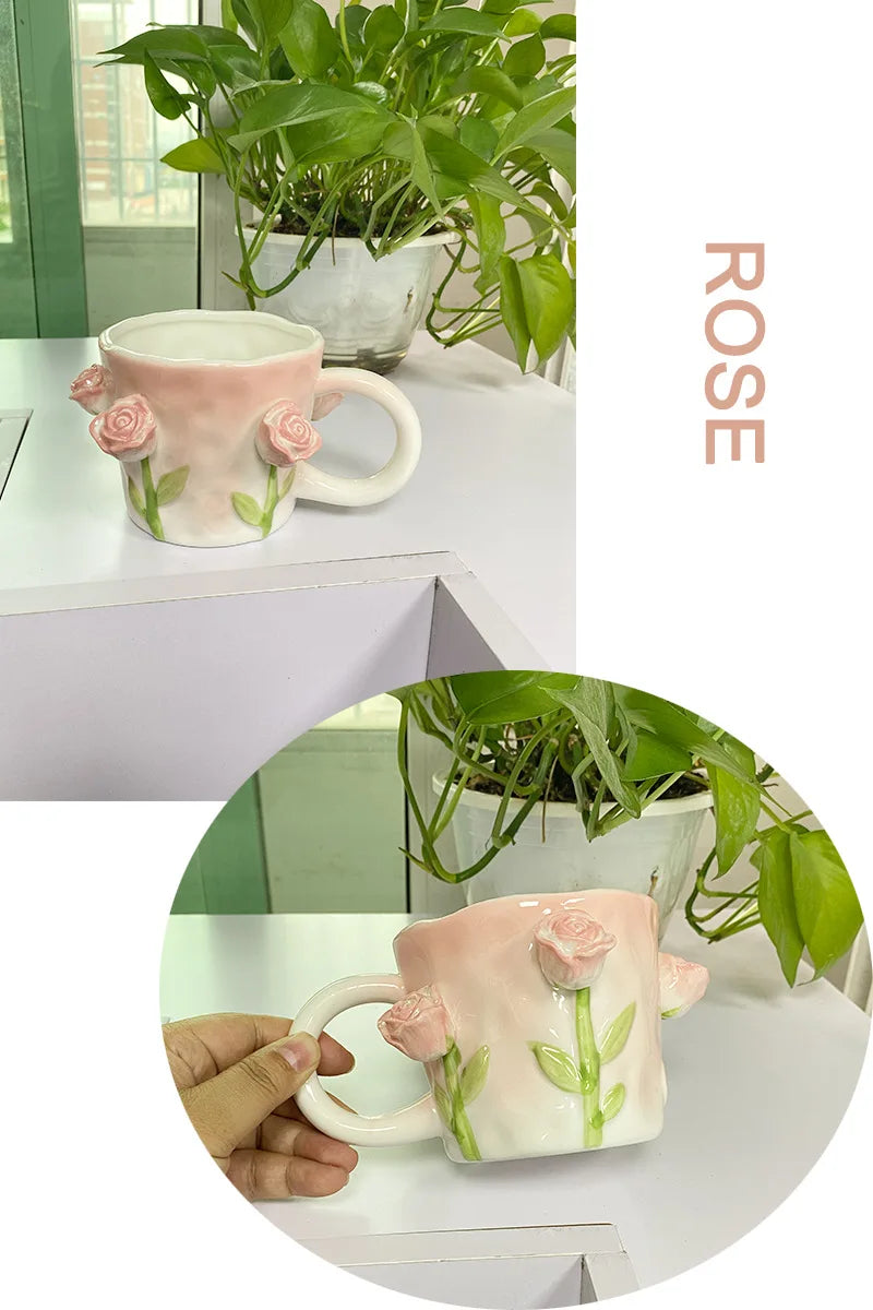 Tasse à café en céramique rose créative en relief motif tulipe pour fille, tasse à fleurs