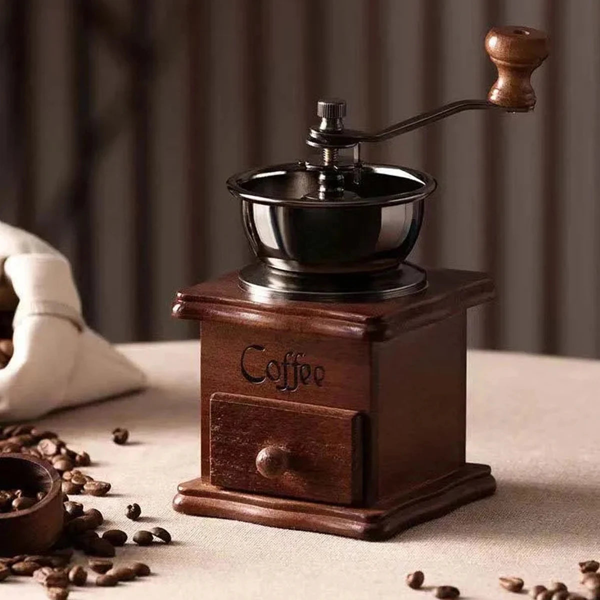 Moulin à café manuel en bois avec poignée en acier inoxydable de style rétro pour épices et grains