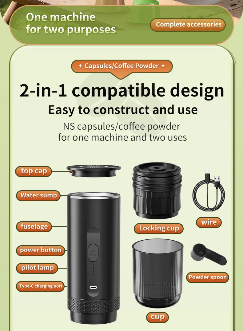 Machine à café expresso électrique sans fil 2 en 1 pour voiture et camping