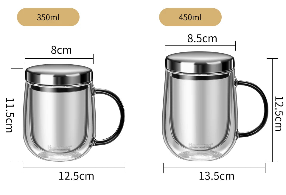 Tasse en verre à double paroi en verre borosilicate de 350-450 ml, résistante à la chaleur
