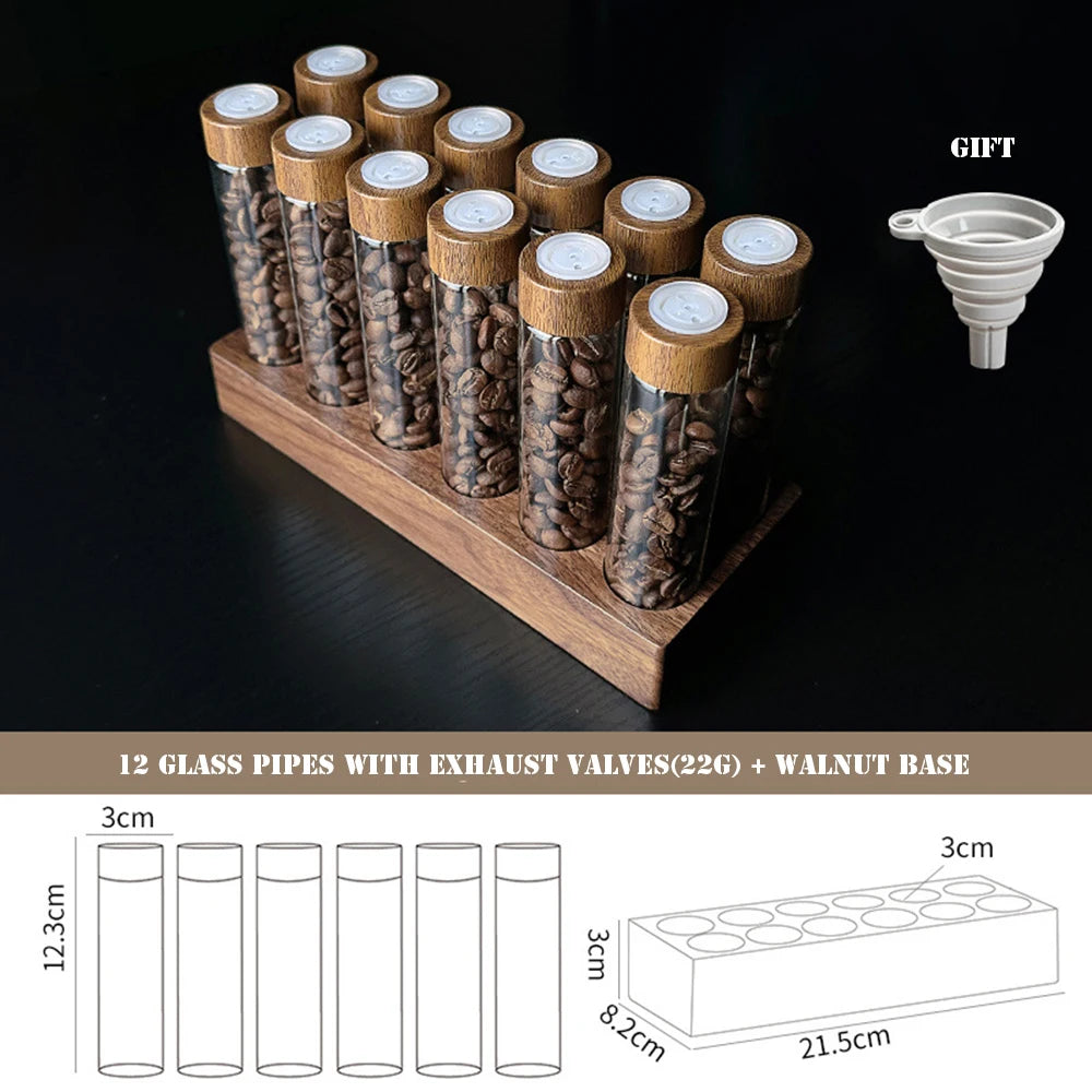 Présentoir de rangement pour grains de café en noyer, tube à thé, bouteille en verre