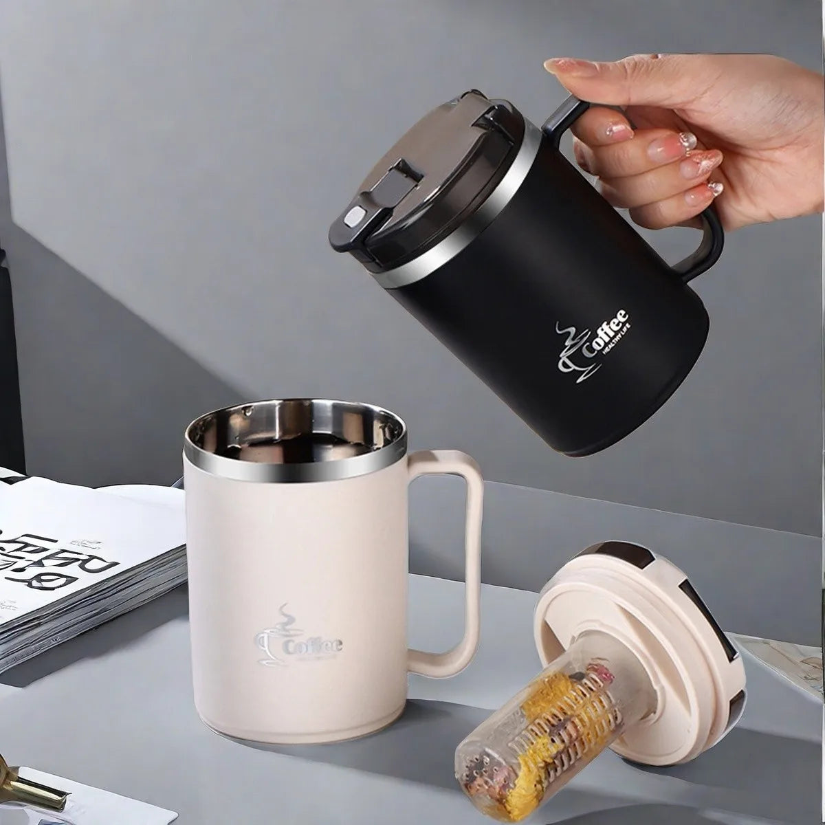 Mug Isotherme avec Cuillère Passoire Portable Grande Capacité Tasse à Café