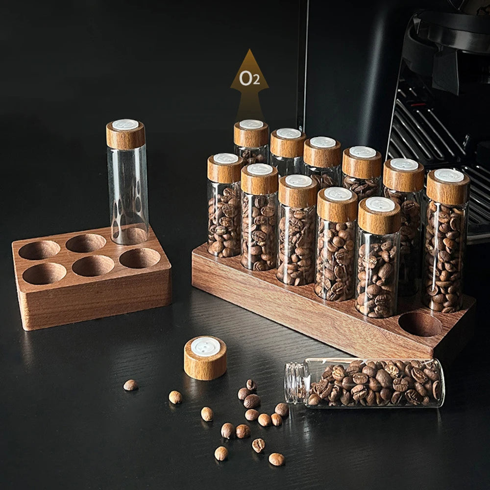 Présentoir de rangement pour grains de café en noyer, tube à thé, bouteille en verre