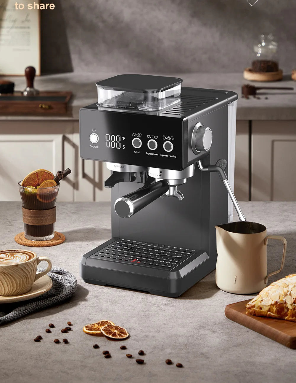 3-in-1 Semi-Automatic Espresso Machine with Built-in Grinder & Milk Frother | Cold Brew Function | 20Bar Pump for Home Barista