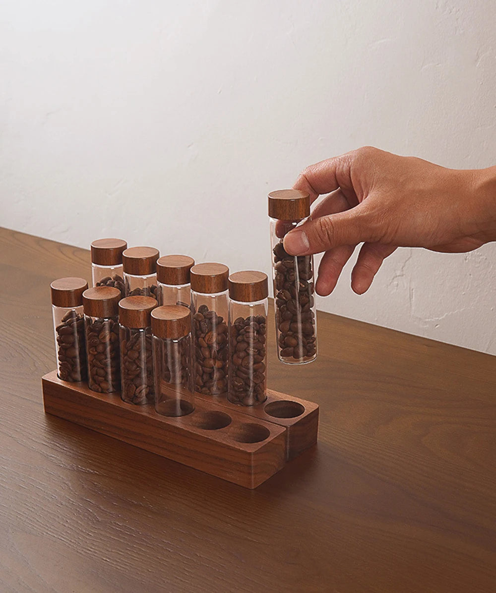 Présentoir de rangement pour grains de café en noyer, tube à thé, bouteille en verre