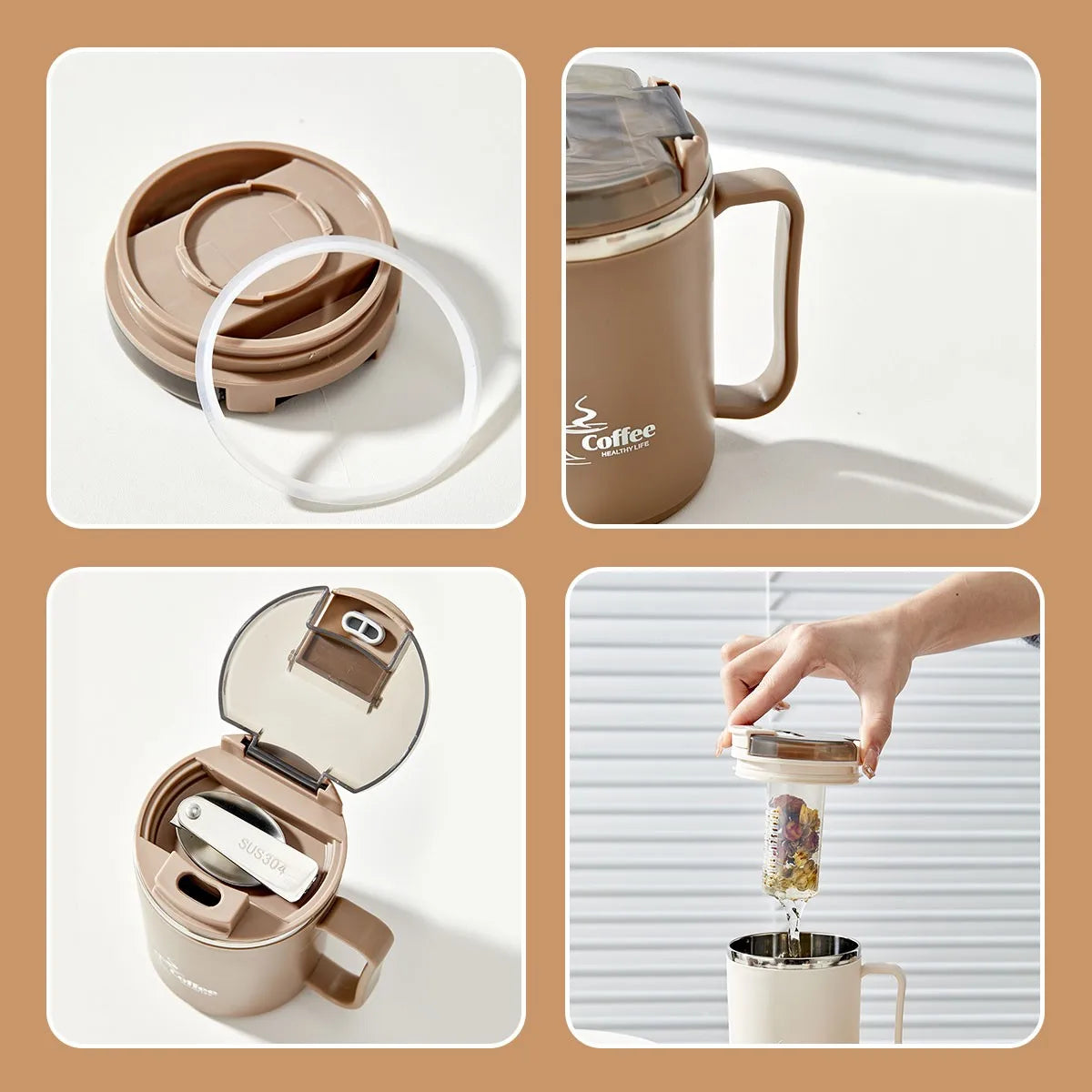 Mug Isotherme avec Cuillère Passoire Portable Grande Capacité Tasse à Café
