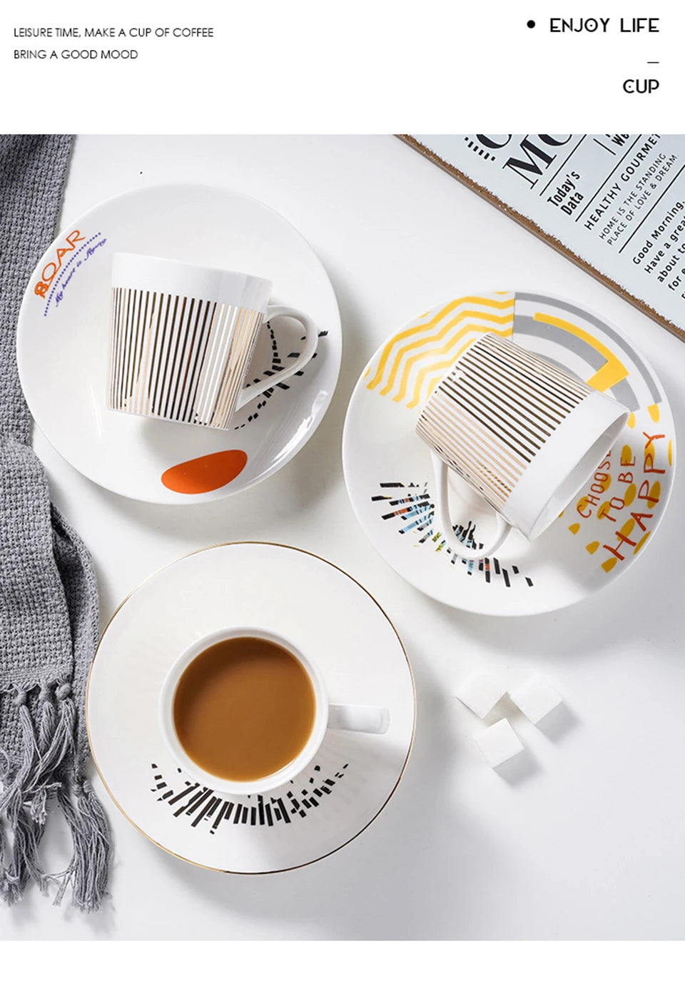 Ensemble tasse à café, soucoupe et plateau en céramique à reflet holographique mobile