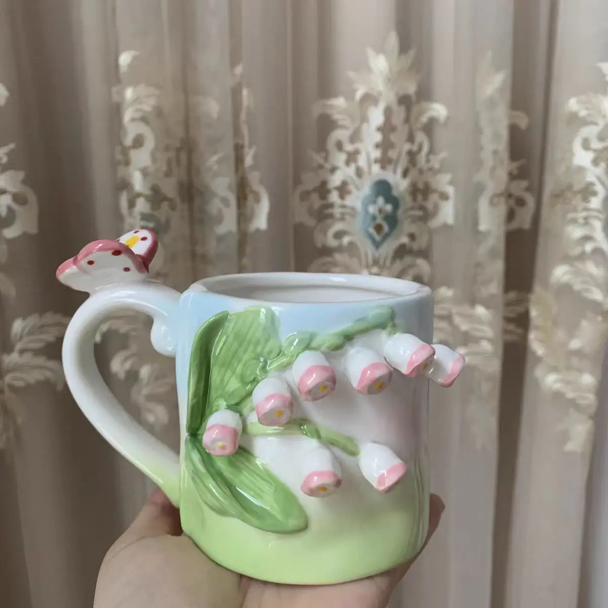 Tasse à café en céramique rose créative en relief motif tulipe pour fille, tasse à fleurs