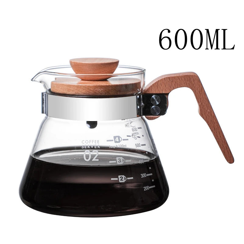 Pichet verseur à café en verre avec poignée en bois, cafetière en verre borosilicaté