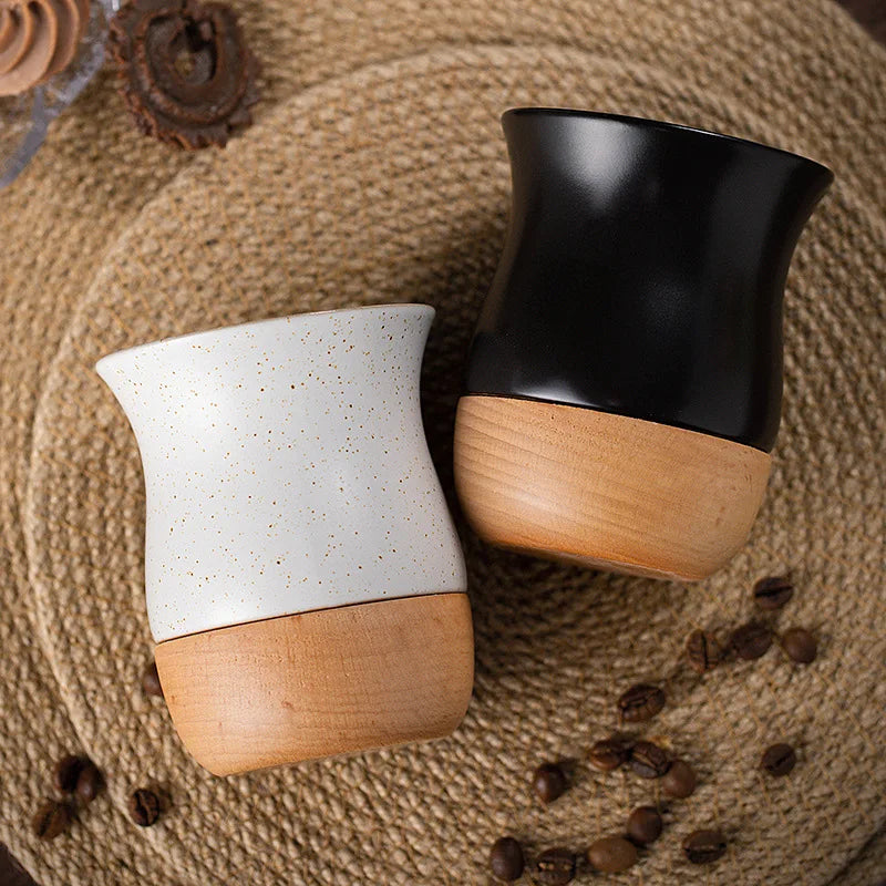 Mug à café vintage en grès avec soucoupe en bois - Céramique artisanale
