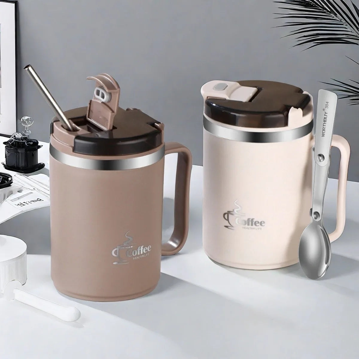 Mug Isotherme avec Cuillère Passoire Portable Grande Capacité Tasse à Café