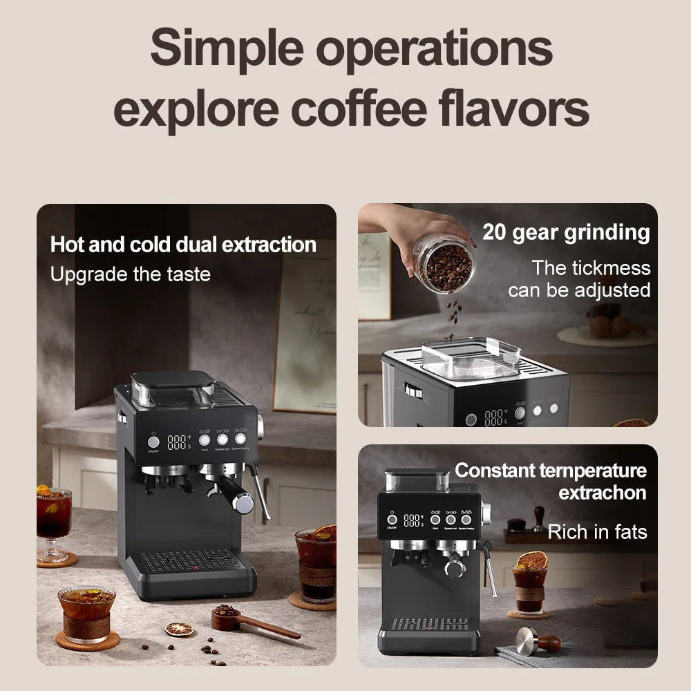 3-in-1 Semi-Automatic Espresso Machine with Built-in Grinder & Milk Frother | Cold Brew Function | 20Bar Pump for Home Barista