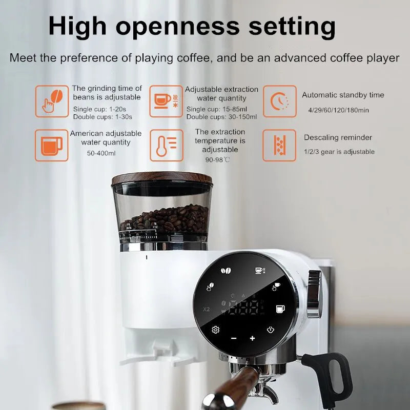2-in-1 Coffee Machine with Grinder & Milk Frother - 15Bar Espresso Maker for Hot/Iced Coffee Grinding Degree Adjustment Office