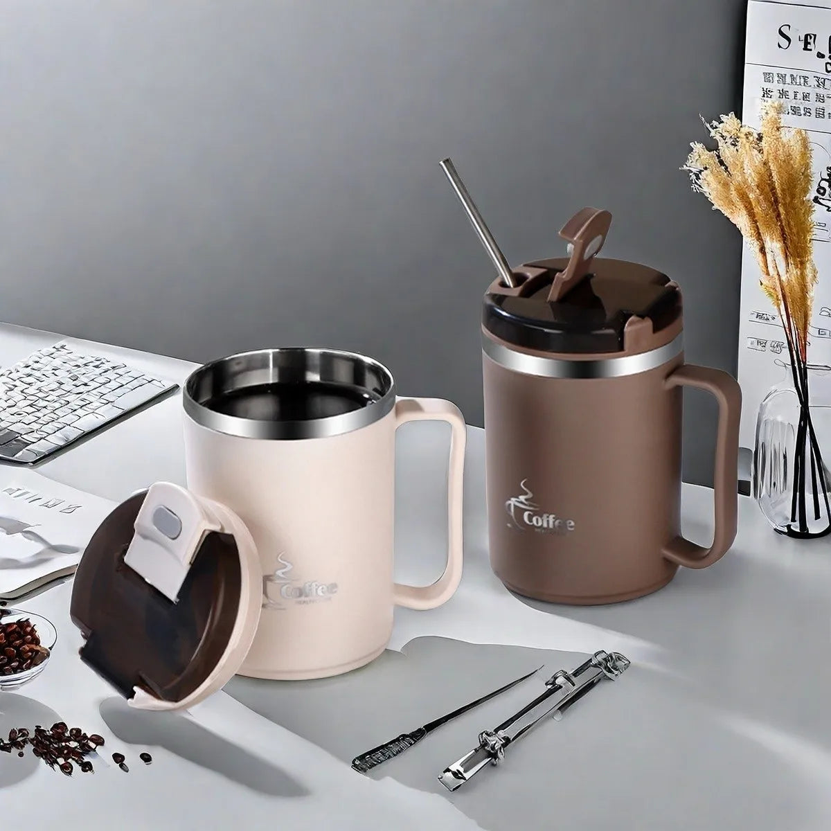 Mug Isotherme avec Cuillère Passoire Portable Grande Capacité Tasse à Café