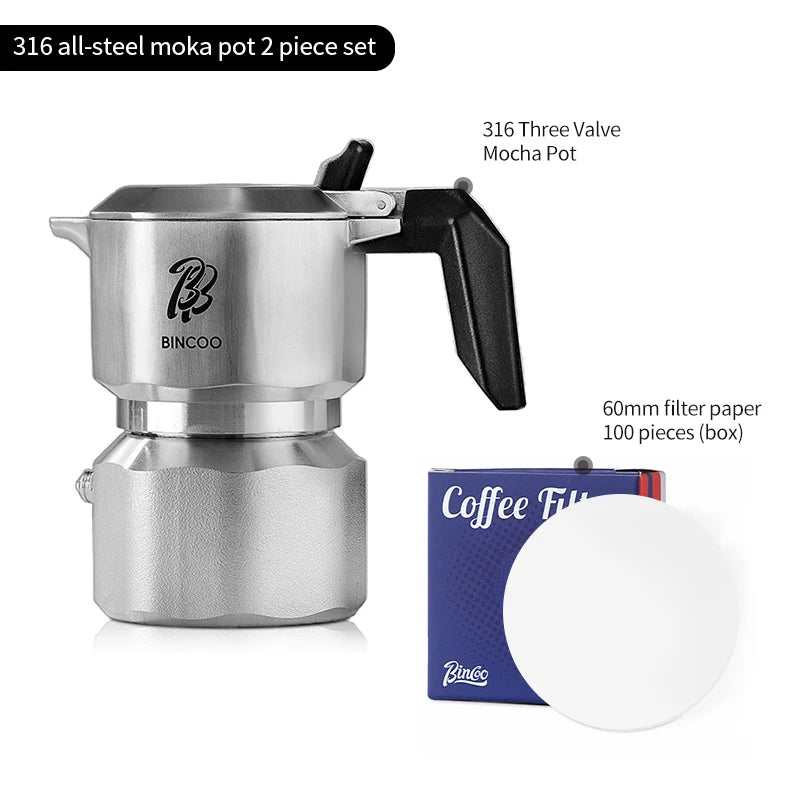 Bincoo Cafetière Mocha à Trois Valves en Acier Inoxydable 316, à Pression Concentrée