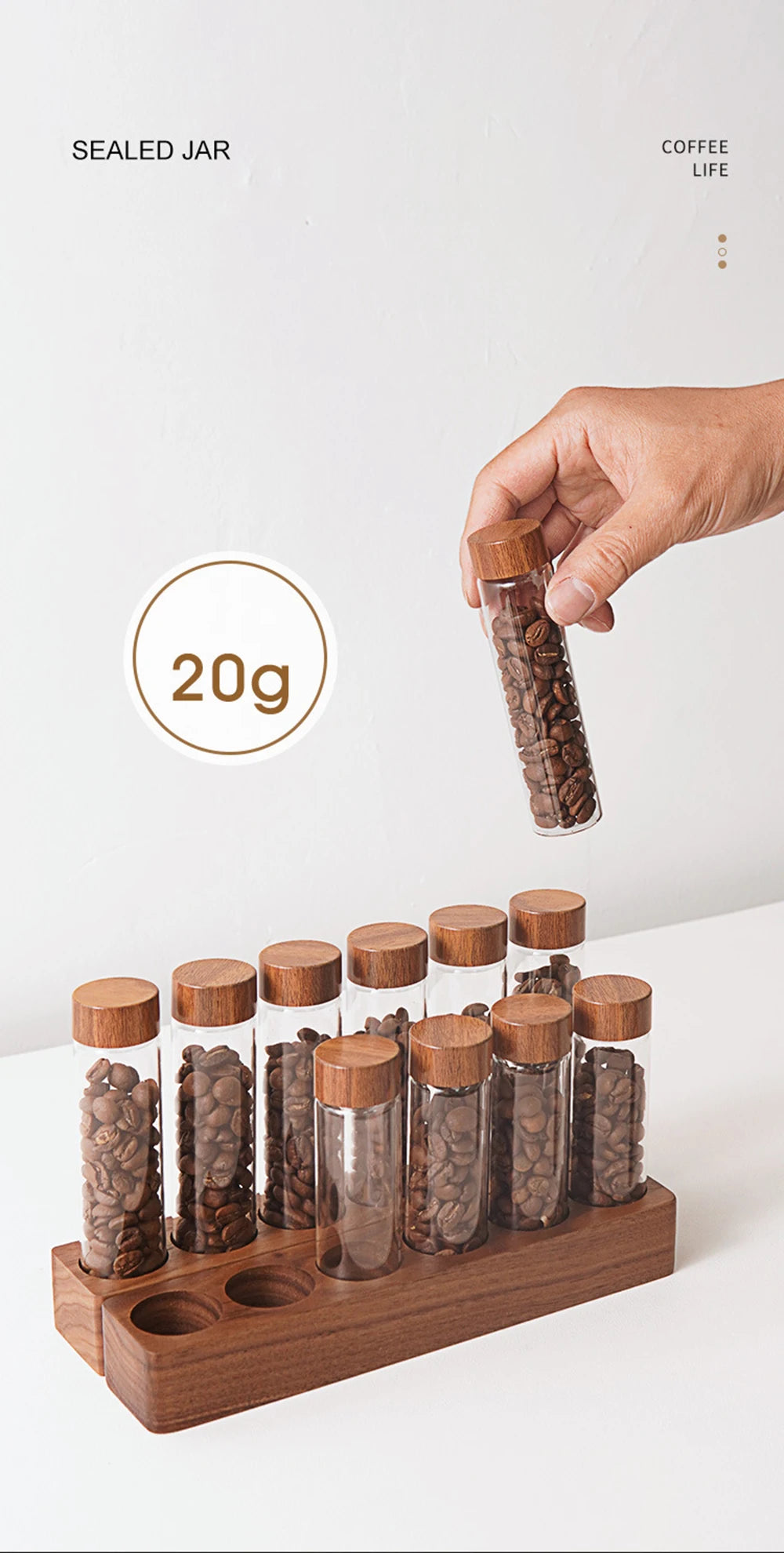 Présentoir de rangement pour grains de café en noyer, tube à thé, bouteille en verre