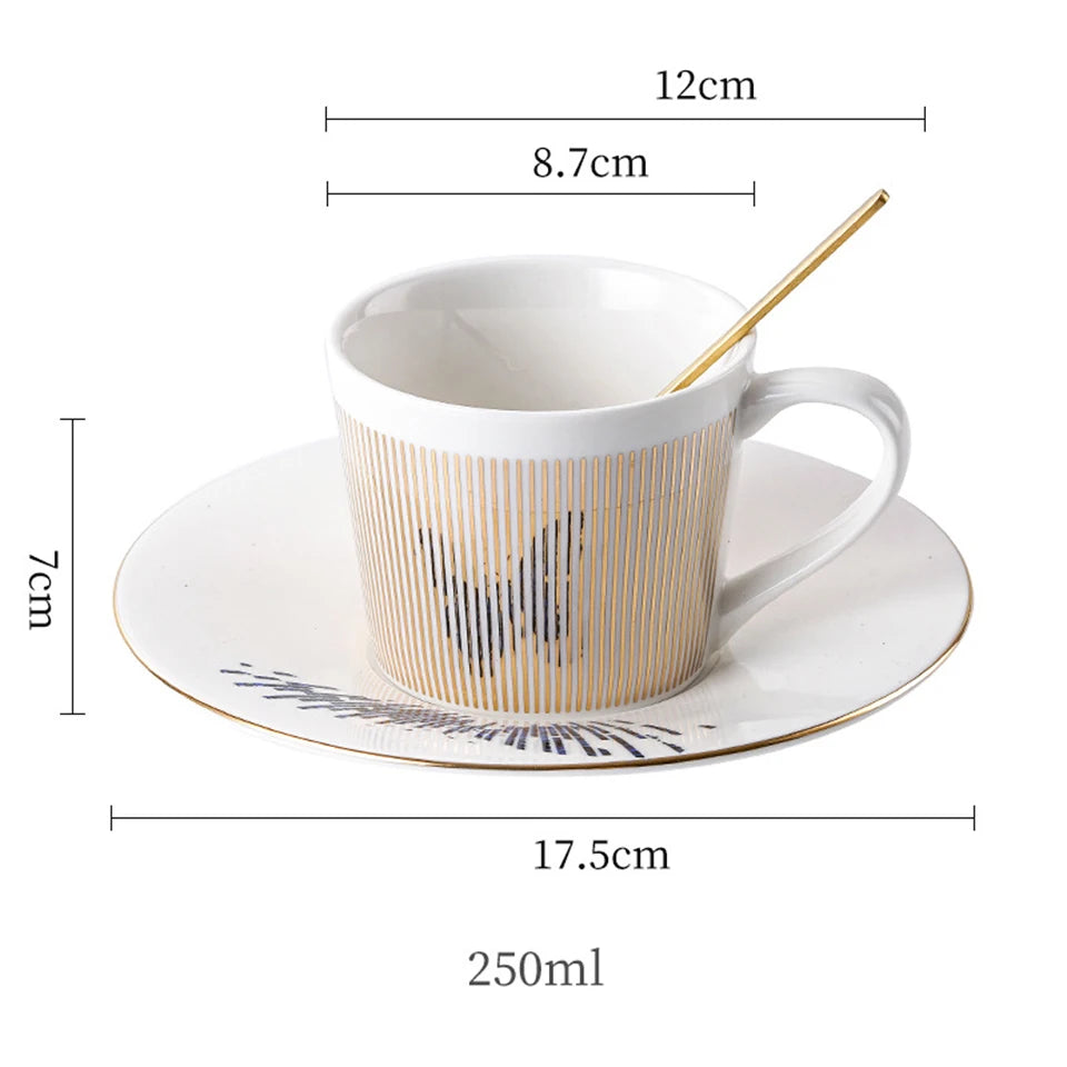 Ensemble tasse à café, soucoupe et plateau en céramique à reflet holographique mobile