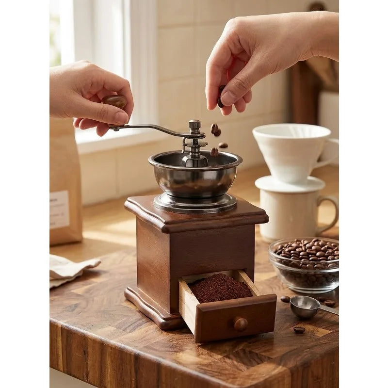 Moulin à café manuel vintage, broyeur à café à manivelle, vintage en bois