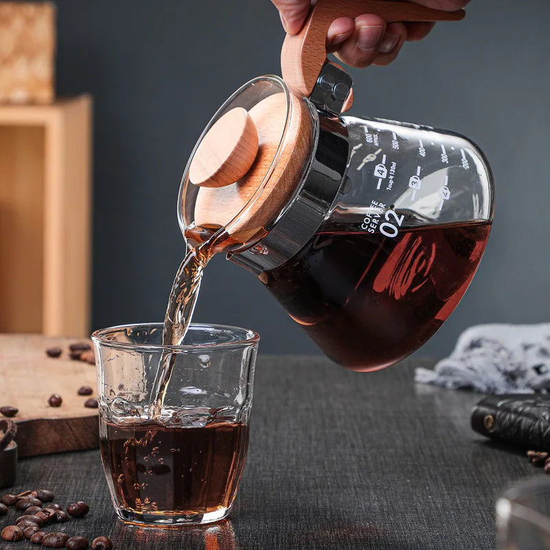 Pichet verseur à café en verre avec poignée en bois, cafetière en verre borosilicaté