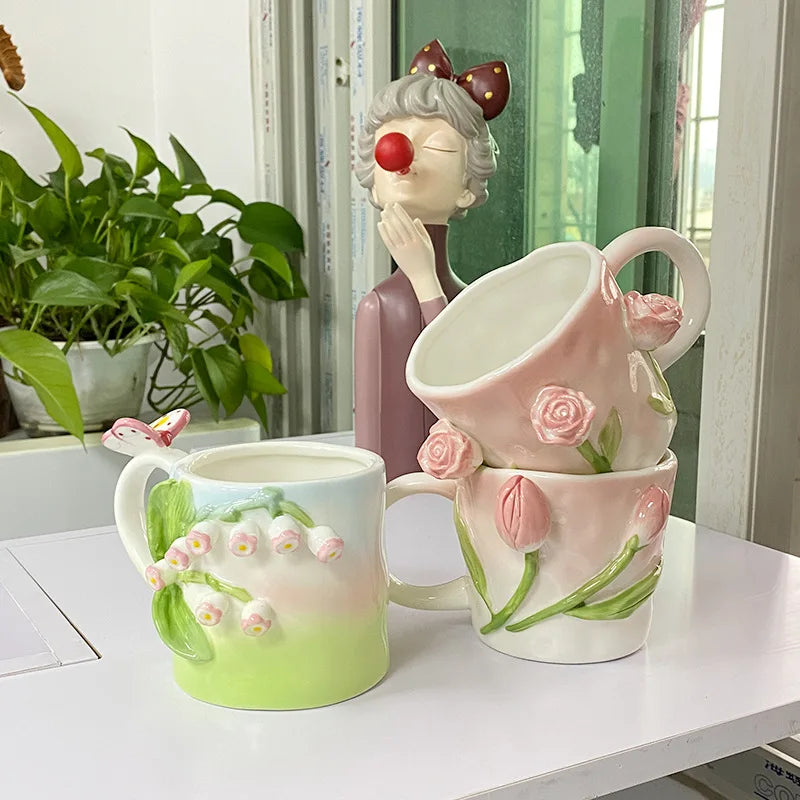 Tasse à café en céramique rose créative en relief motif tulipe pour fille, tasse à fleurs