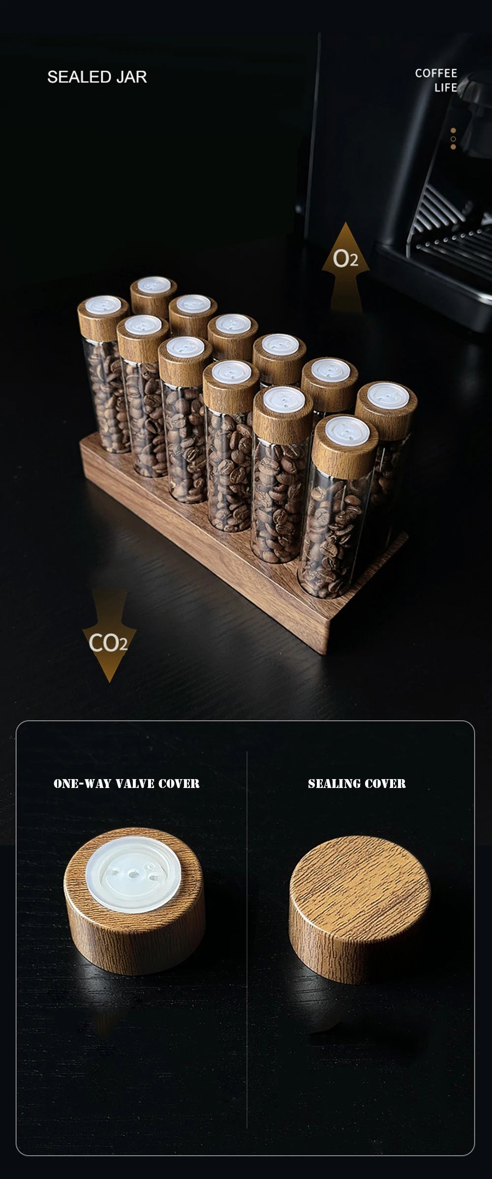Présentoir de rangement pour grains de café en noyer, tube à thé, bouteille en verre