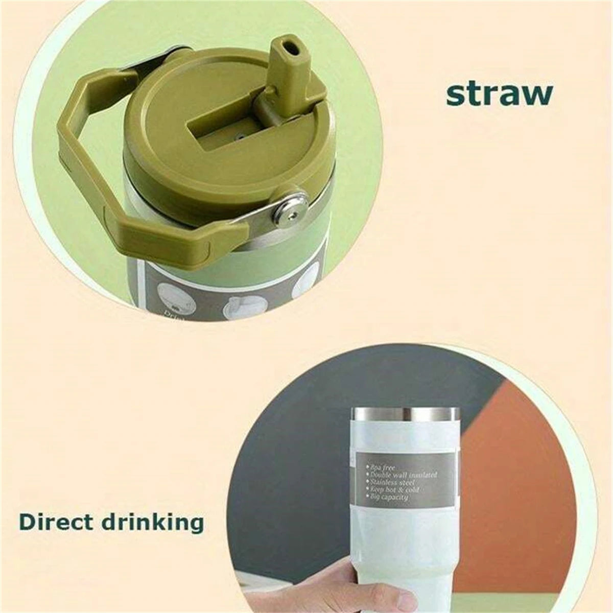 1 gourde isotherme avec couvercle en acier inoxydable, bouteille d'eau portable avec sac de transport