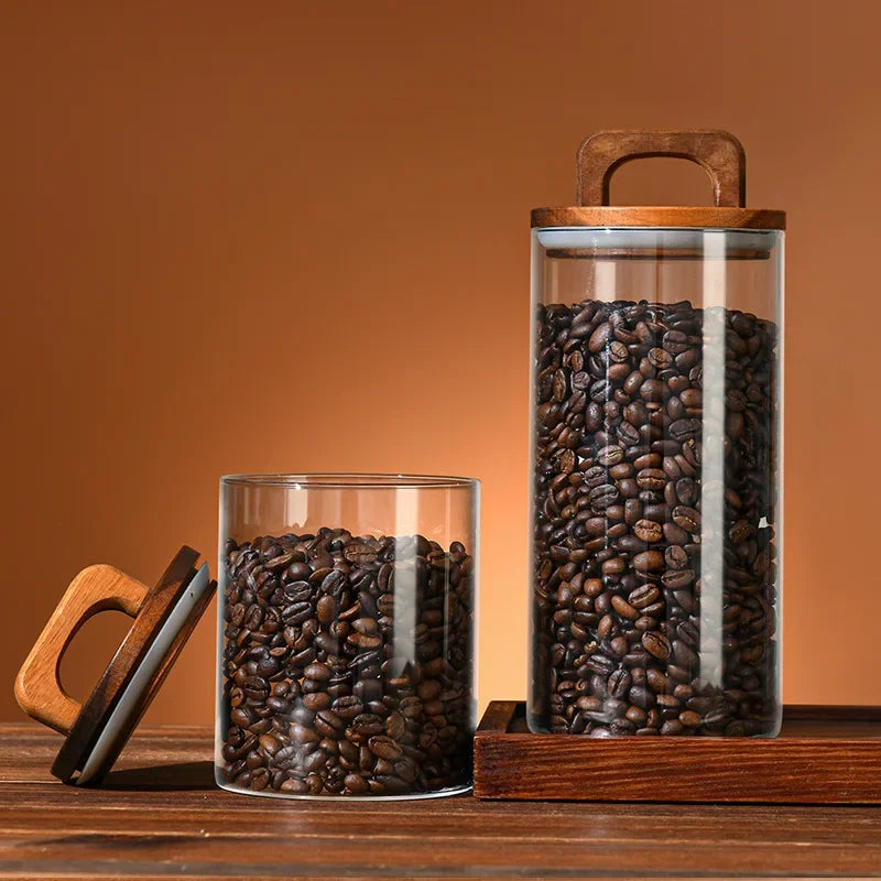 Bocal en verre avec couvercle en bois 1 pièce, récipient alimentaire hermétique, pour grains de café, cuisine