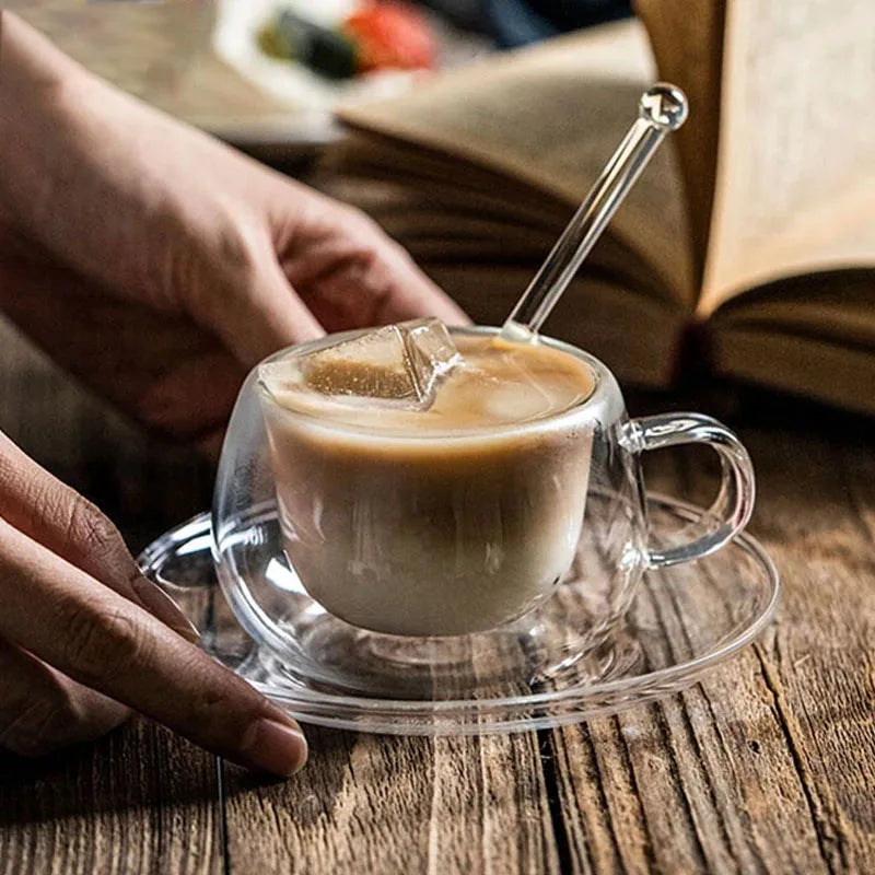 Tasse à café en verre à double paroi avec cuillère Ensemble de tasses à lait transparentes et résistantes à la chaleur