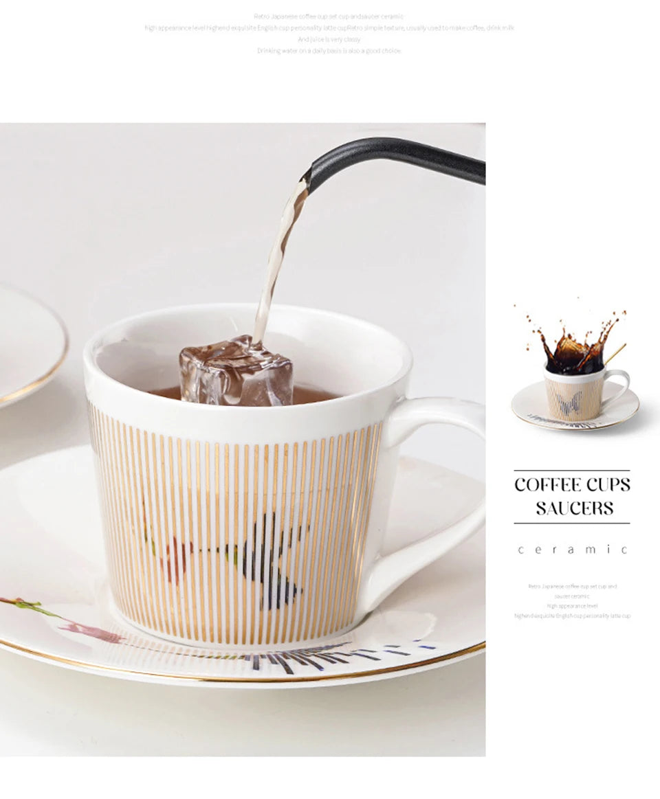 Ensemble tasse à café, soucoupe et plateau en céramique à reflet holographique mobile