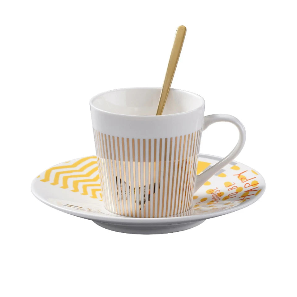 Ensemble tasse à café, soucoupe et plateau en céramique à reflet holographique mobile