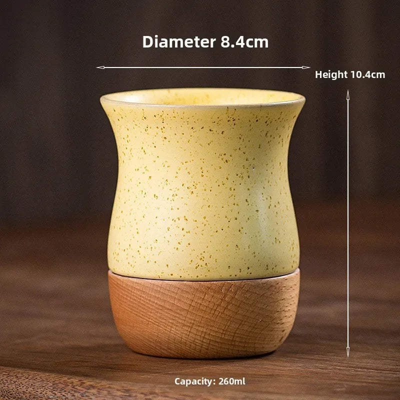 Mug à café vintage en grès avec soucoupe en bois - Céramique artisanale