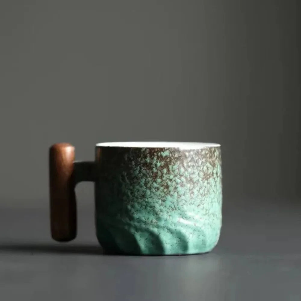 Tasse à café rétro en céramique avec filtre, poignée en bois, pour bureau