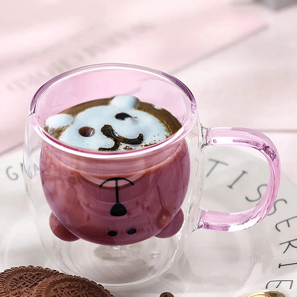 Mug à café double ours mignon avec poignée, tasse transparente mignonne pour lait jus thé