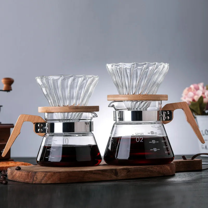 Pichet verseur à café en verre avec poignée en bois, cafetière en verre borosilicaté