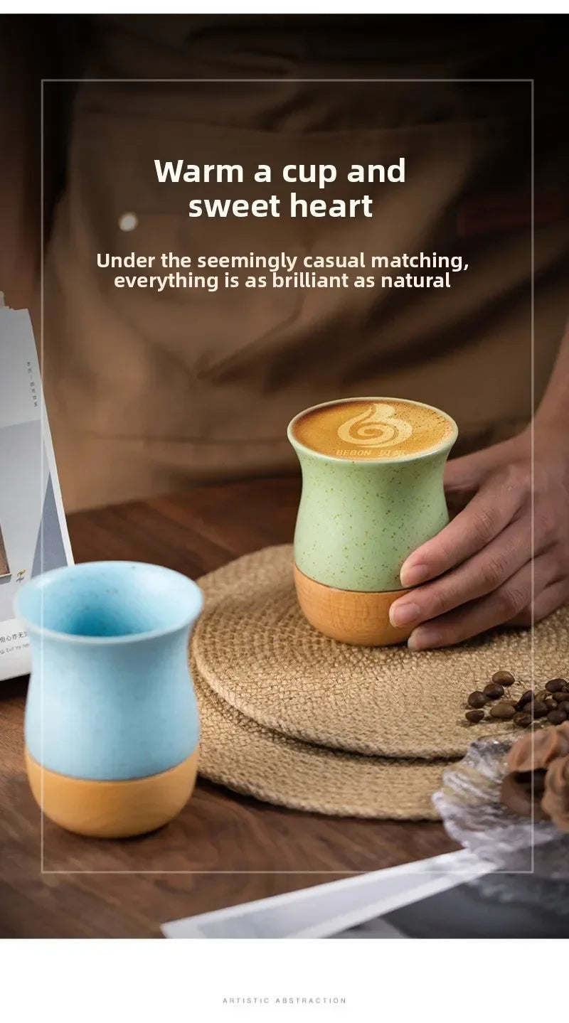 Mug à café vintage en grès avec soucoupe en bois - Céramique artisanale